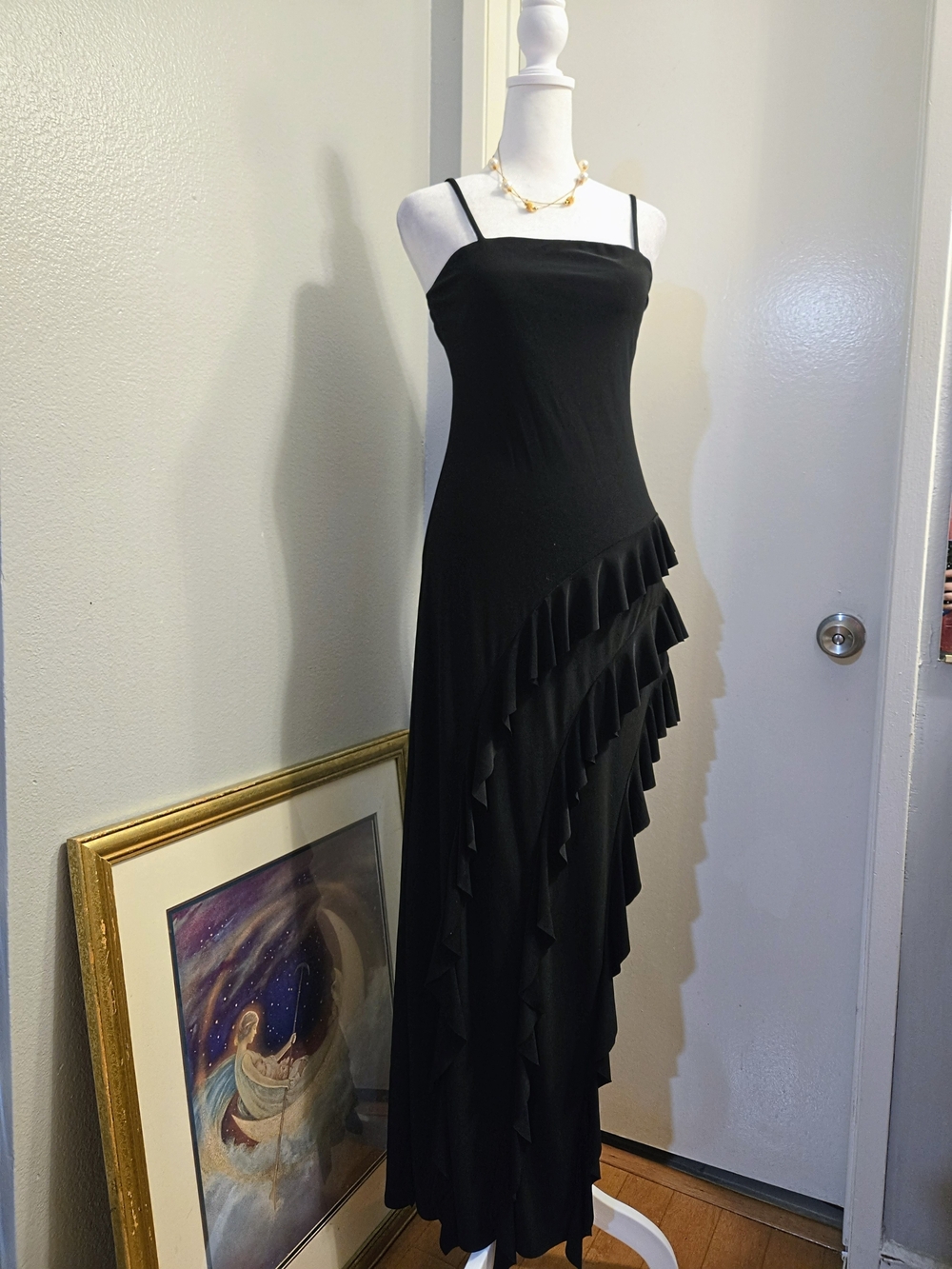 Vintage Black Asymmetrical Ruffle Maxi Dress Spaghetti Strap Evening Gown Size S